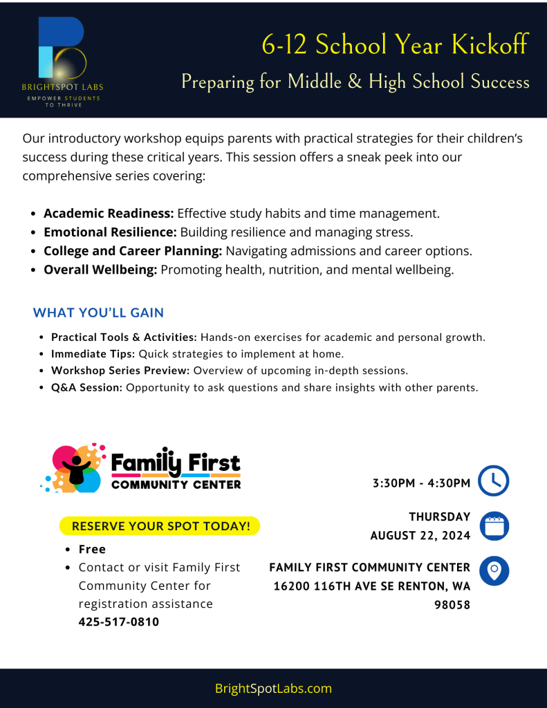 Flyer for the 6-12 School Year Kickoff workshop by BrightSpot Labs, focusing on preparing parents and students for middle and high school success, featuring topics like academic readiness, emotional resilience, college planning, and overall wellbeing.