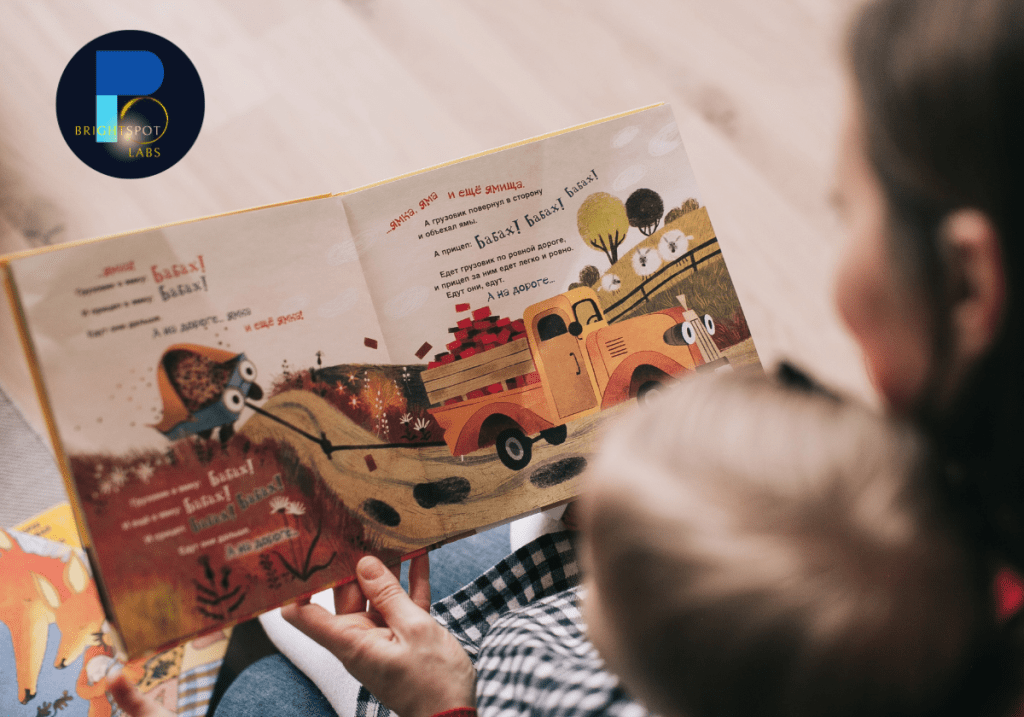 Parent reading a children's book with a child, supporting learning at home through shared reading activities
