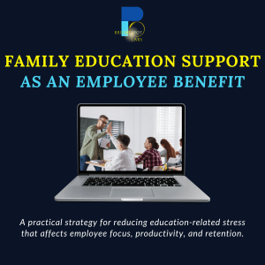 Family Education Support as an Employee Benefit cover featuring a laptop with a classroom scene, representing a guide to help organizations reduce employee stress, improve productivity, and support working parents.