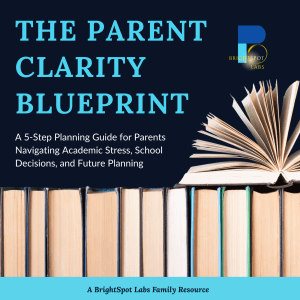Parent Clarity Blueprint cover showing a stack of books and an open book, representing an education planning guide for parents navigating academic stress, school decisions, and future planning.