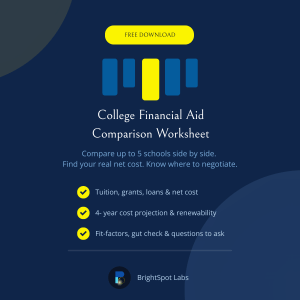 Financial aid comparison worksheet showing side-by-side college cost breakdown for up to 5 schools