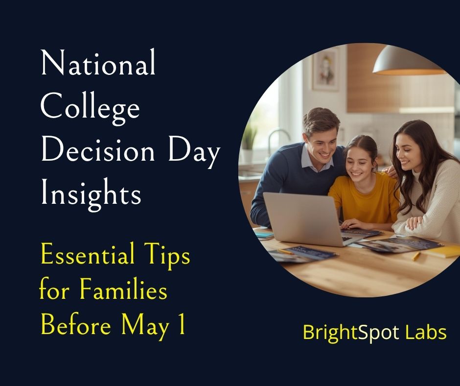 Family sitting together at kitchen table reviewing college decision options before May 1 National College Decision Day
