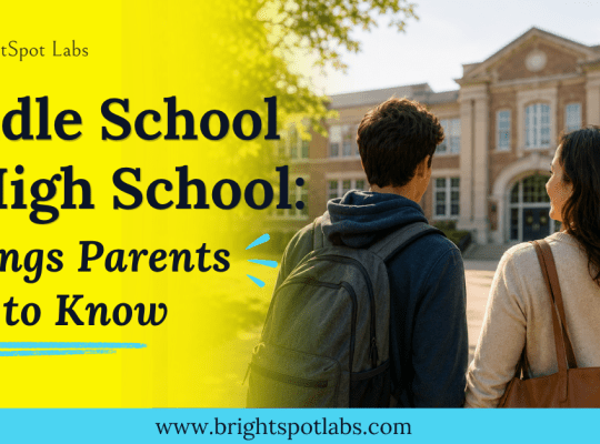 Teen and parent looking at a high school building together, preparing for the middle school to high school transition