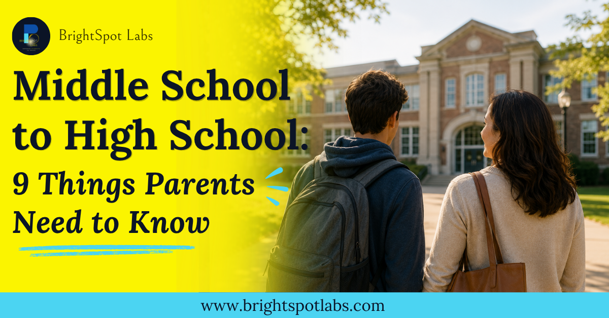 Teen and parent looking at a high school building together, preparing for the middle school to high school transition