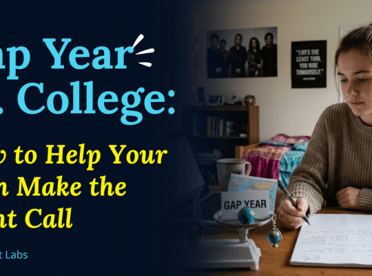 A teen sitting at a desk weighing gap year vs. college options with a notebook and laptop open Design concept: Split-panel layout. Left side shows a college campus scene with a cap and diploma graphic, right side shows a road or travel scene representing a gap year.