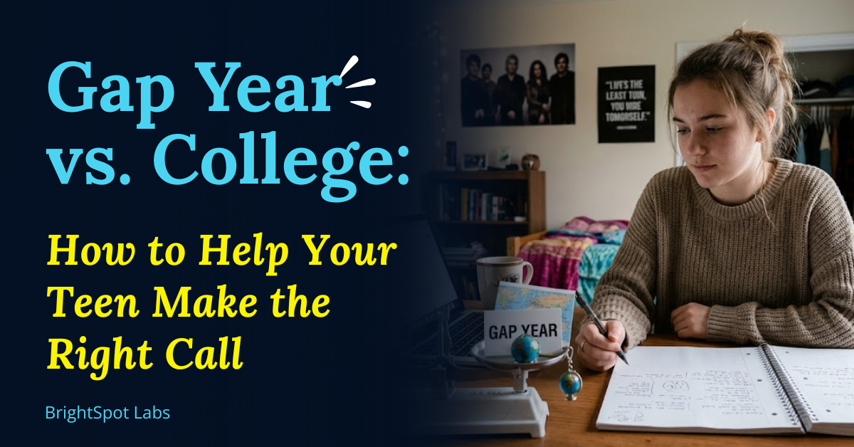 A teen sitting at a desk weighing gap year vs. college options with a notebook and laptop open Design concept: Split-panel layout. Left side shows a college campus scene with a cap and diploma graphic, right side shows a road or travel scene representing a gap year.