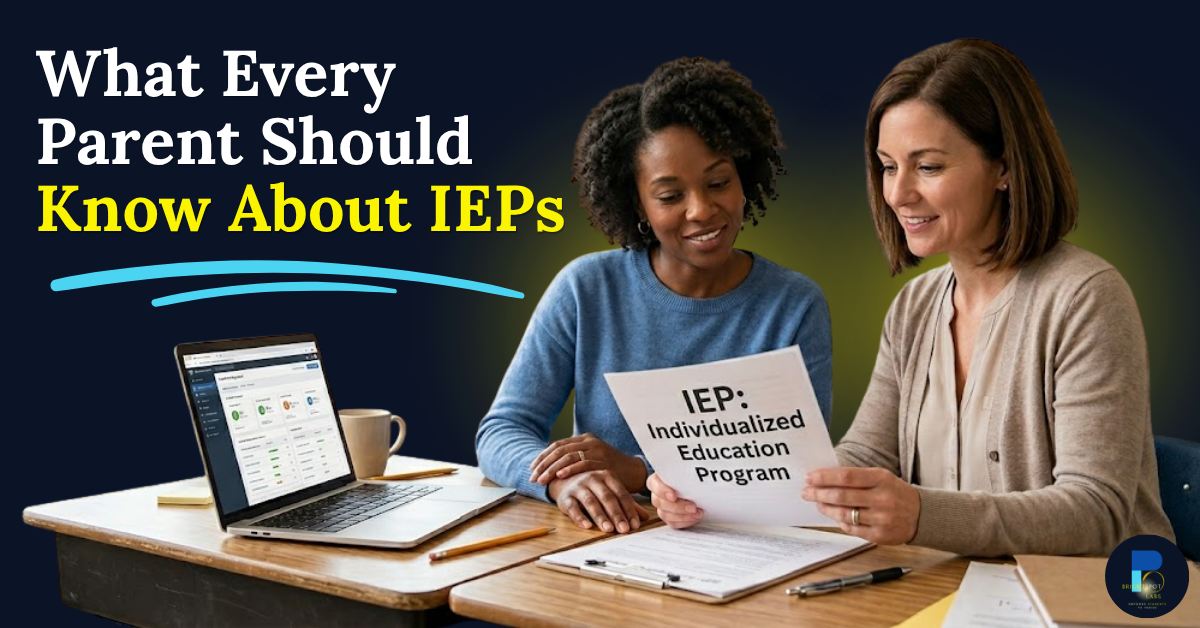 A parent and teacher reviewing an IEP for elementary school together at a table with papers and a laptop Design concept: Warm classroom scene with two adults reviewing documents.