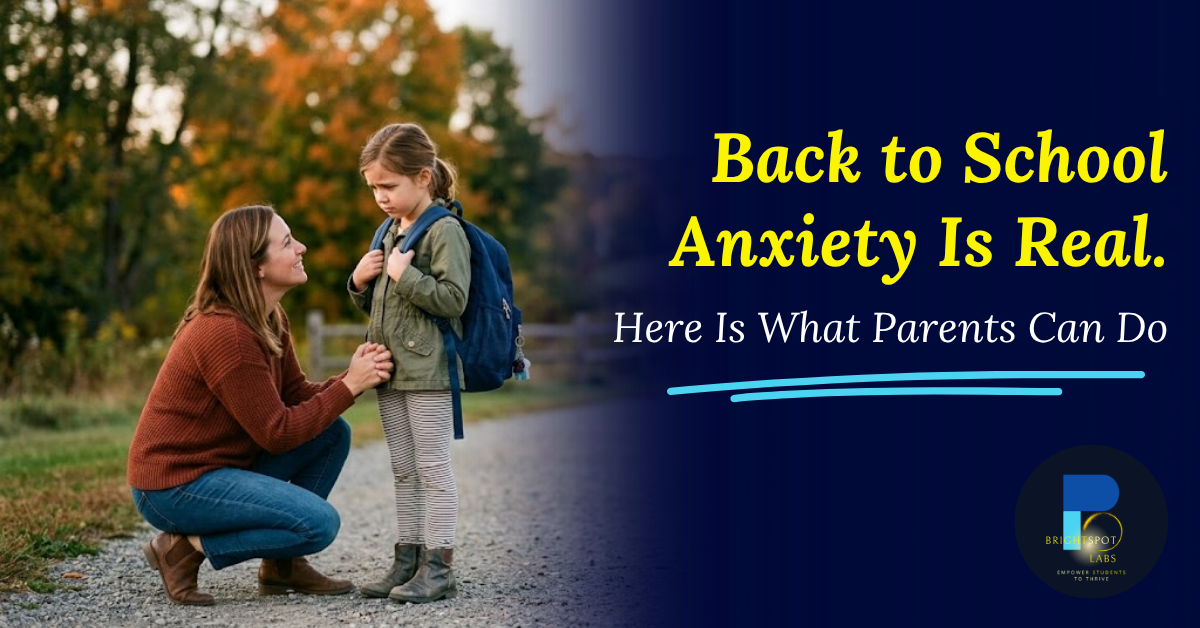 A child with a backpack showing signs of back to school anxiety while a parent offers reassurance Design concept: Warm, empathetic scene with a child looking worried and a parent kneeling beside them.