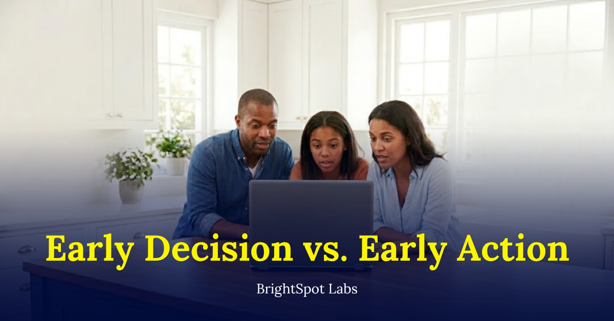 A family reviewing college application options showing early decision vs. early action differences on a laptop