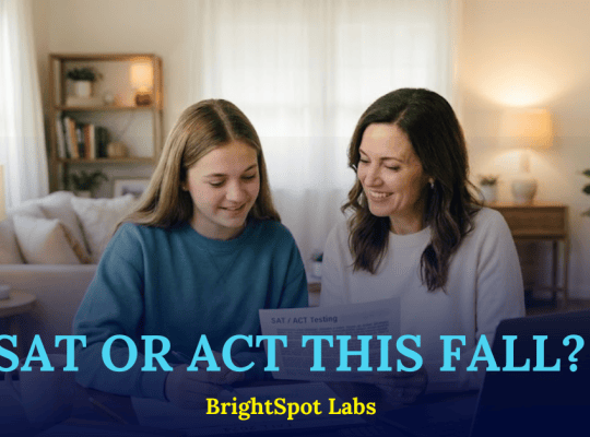 A high school student reviewing a SAT ACT testing strategy plan with a parent at a desk