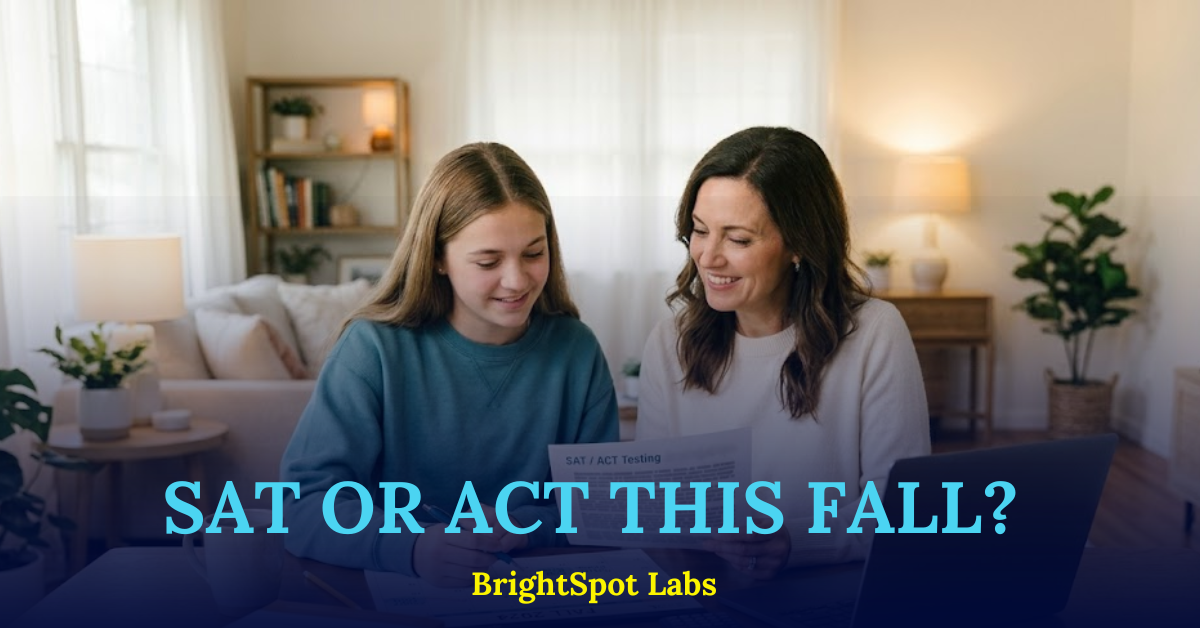 A high school student reviewing a SAT ACT testing strategy plan with a parent at a desk